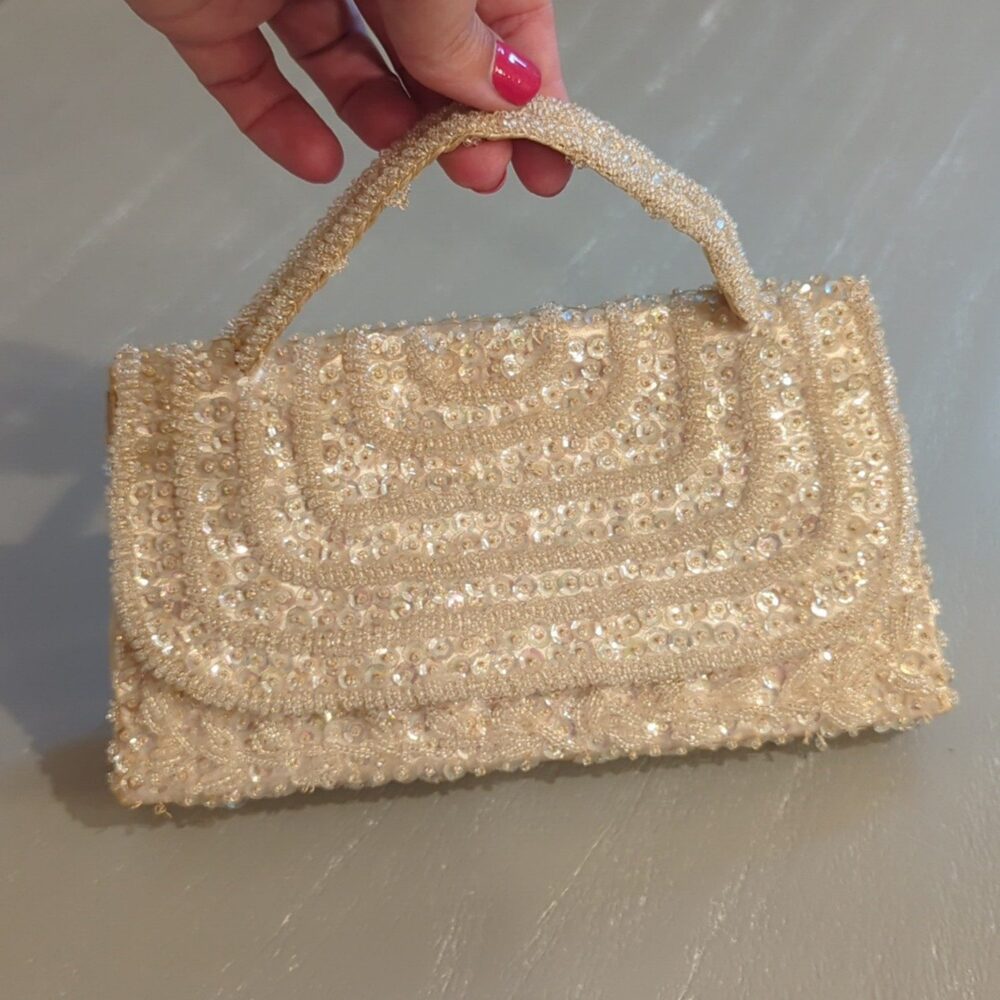 Cream Beaded Vintage Clutch Handbag Small Sparkly Evening Bag